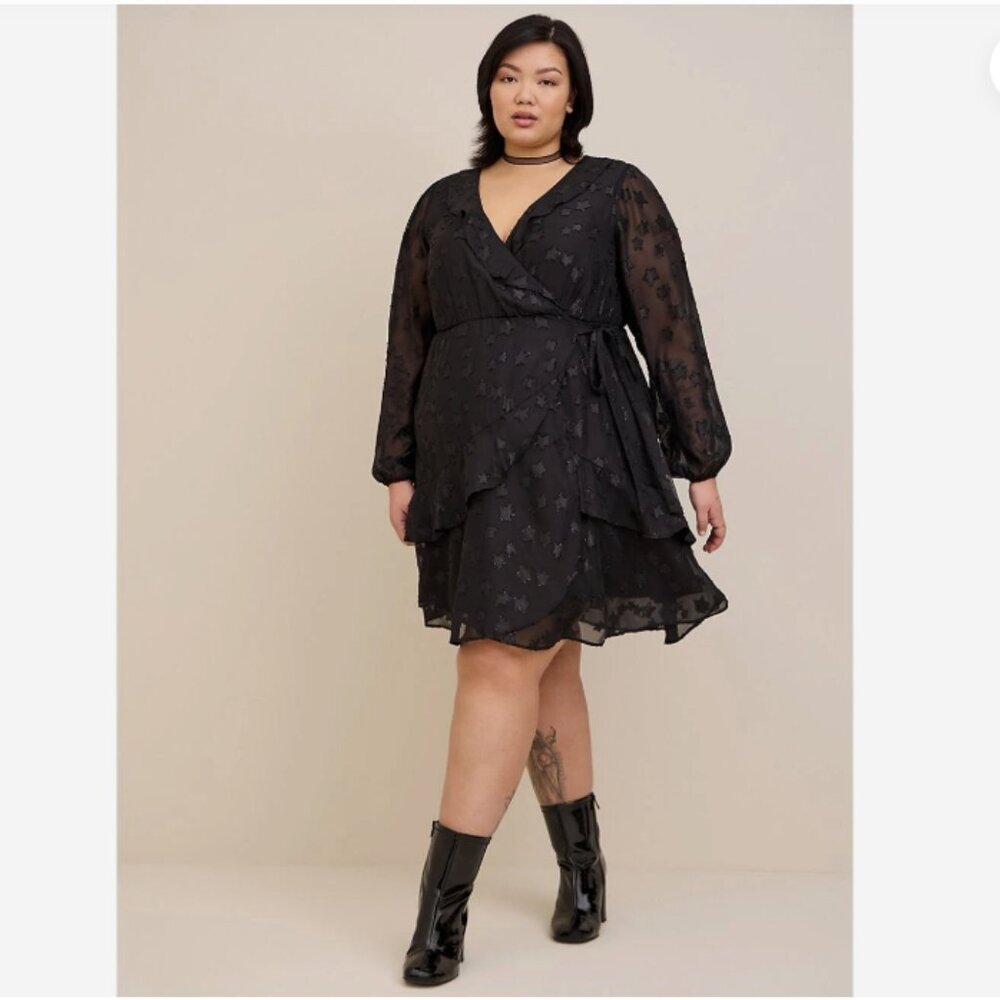 Torrid Wrap Dress Ruffle Star Print Long Sleeve Chiffon Flowy Whimsigoth Sz 1X